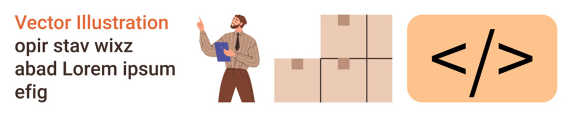 Logistics, e-commerce, coding, programming, supply chain, software development. A warehouse worker with boxes next to a code symbol. Logistics and technology integration concept