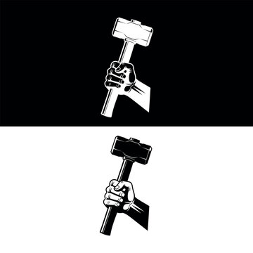 Bold black silhouette of a hand gripping a sledge hammer isolated on Black & white background