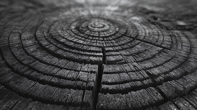 A close-up, monochromatic shot of a tree stump, with the rings clearly visible