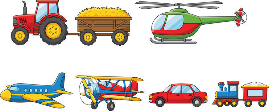 Transportation cartoon vector set with tractor helicopter airplanes car and train for kids education illustration