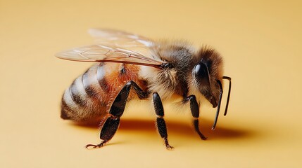 Close-up of a honeybee, showing detailed body structure and wings against a soft yellow backdrop
