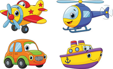 Cute cartoon transportation vector set with airplane helicopter car and boat for kids illustration design