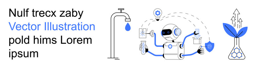Artificial intelligence, technology, renewable energy, sustainability, water conservation, ecological innovation. Robot performing tasks with resources. AI technology and renewable energy concept