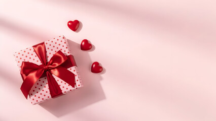 Gift box with red ribbon and scattered hearts on a soft pink background