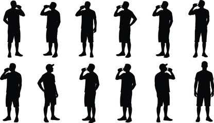 Silhouette of men drinking water with different poses, hydration health concept, active lifestyle, fitness refreshment, human figure illustration collection