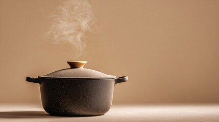 Minimalist casserole serving on warm neutral backdrop, isolated and modern