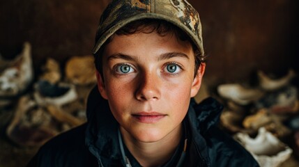 Man wearing camouflage cap and jacket, looking at camera with contemplative expression.