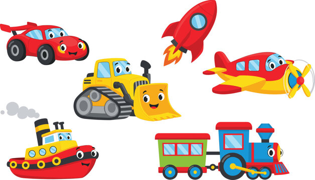 Cute cartoon transportation vector set with car rocket plane ship train and construction vehicle characters