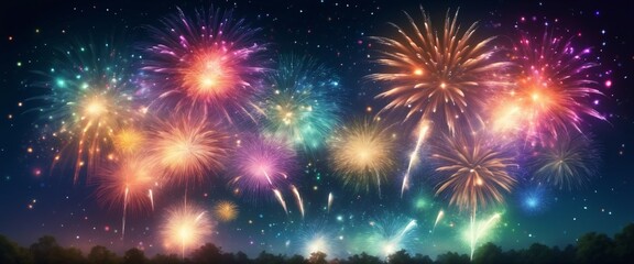 Fototapeta premium Dazzling display of fireworks bursting in a variety of colors against the night sky, symbolizing celebration festivity