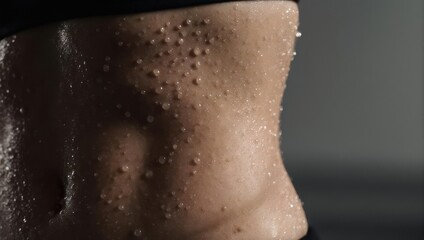 Fototapeta premium Close up of a sweaty abdomen with water droplets after intense workout.