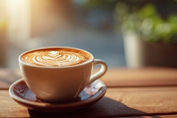 Close-up of Fresh Cappuccino or Latte with Detailed Foam Art on Wooden Table in Bright Sunlight