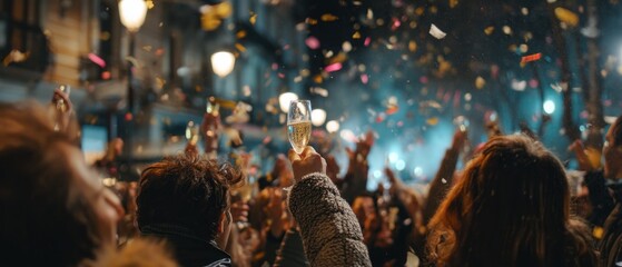 Vibrant New Year's Eve Celebration Outdoors with Crowd Cheering, Champagne Toast, and Confetti Rain