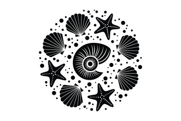 seashells and starfish circle pattern icon black silhouette vector