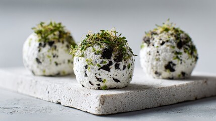 Minimalist layout of herb-coated goat cheese on pale stone, clean and refined
