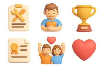 Volunteer icon set featuring heart, trophy, people, and tools for community projects and charity