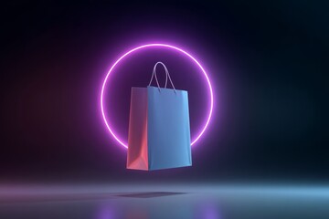 3D Render Neon Glowing Shopping Bag Abstract with Purple Circle on Dark Background for Digital Sale and E-commerce