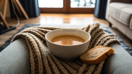 Warm soup in a bowl on a cozy blanket with a slice of bread.