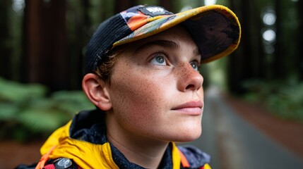 Fototapeta premium A young boy hiking in a forest.