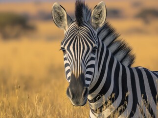 Naklejka premium Majestic Zebra Portrait Against a Golden Savanna Background