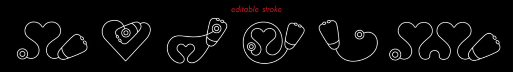 Abstract stethoscope set, heart shape editable stroke medical icon on black background. Healthcare symbol to use for health science, medical care, medical innovation, healthy lifestyle projects.