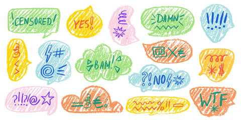  Angry speech bubble with swear words and skull icon. Comic-style cartoon frame drawn in crayon texture.  Ideal for dialog scenes showing intense emotion and offensive language