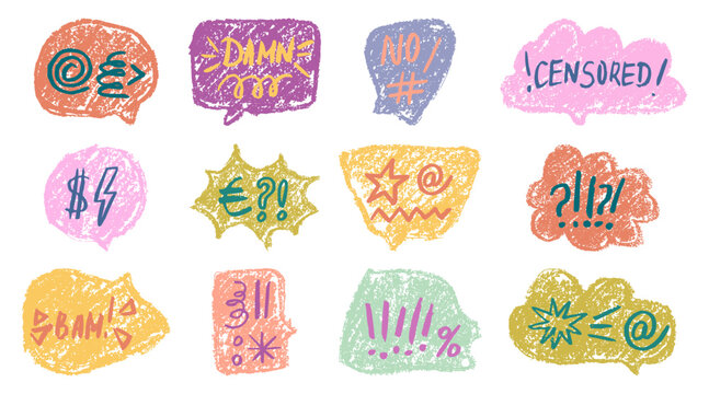  Angry speech bubble with swear words and skull icon. Comic-style cartoon frame drawn in crayon texture.  Ideal for dialog scenes showing intense emotion and offensive language