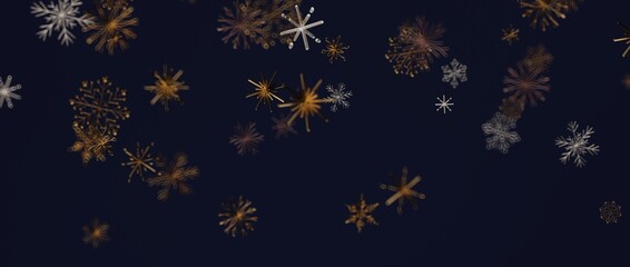 Artistic rendering of snowflakes in gold and silver, gracefully falling against a deep blue backdrop for a festive, wint