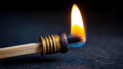 Close-up of a matchstick with a brass fitting on top as it burns with a vibrant orange and blue flame