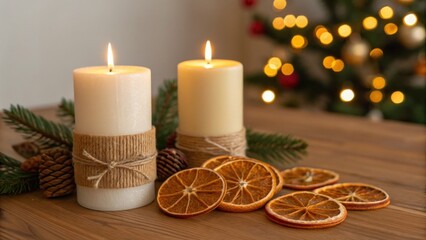 Cozy candles and dried oranges on a wooden table with festive bokeh lights.