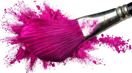 Close-up of a paintbrush creating a burst of vibrant magenta powder, white background