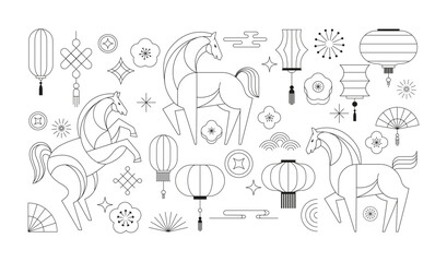 Geometric linear illustrations for Chinese New Year 2026 - Year of the Horse