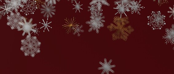 Abstract snowflake pattern in white and gold colors on a red background. Ideal for winter, Christmas or New Ye