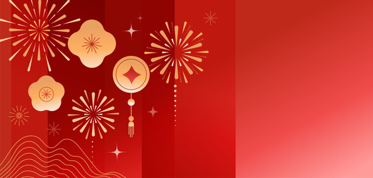 Minimalist Chinese background with flowers, Feig Shui lucky coin and fireworks