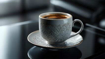 Ornate Lace-Patterned Coffee Cup with Rich Crema on a Reflective Black Surface