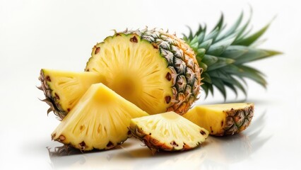 Pineapple slices and whole fruit on white surface