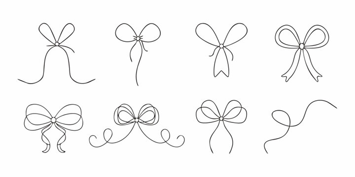 Collection of hand drawn style ribbon and bow line art illustrations
