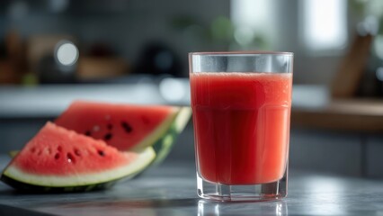 Refreshing Watermelon Juice: Glass of vibrant red smoothie with juicy watermelon slices in a blurred kitchen background.