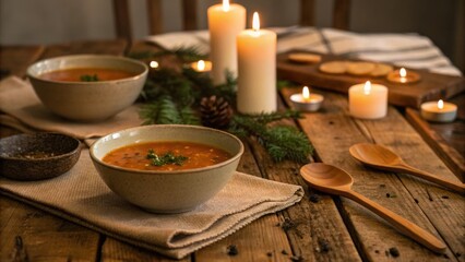 Warm soup served with candles on a rustic wooden table.