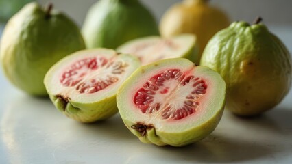 Guava fruit halves and whole guavas