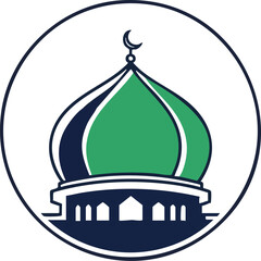 Circular logo featuring a green and dark blue mosque dome with a crescent finial