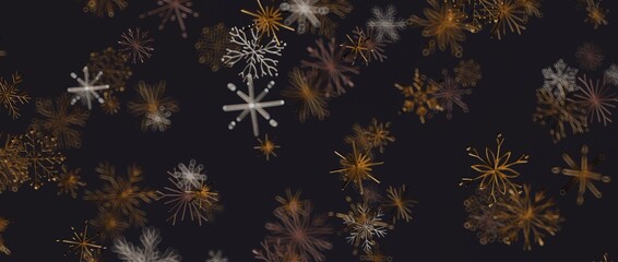 Abstract pattern with snowflakes in gold and white tones on a dark background. Perfect for winter designs and background
