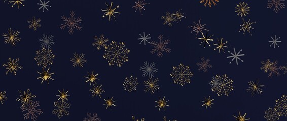 Abstract and elegant Christmas or winter themed background with sparkling gold snowflakes on a deep blue canva