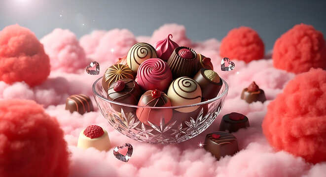 A crystal bowl filled with assorted chocolates on a whimsical pink cloud like setting with red cotton candy and sparkling gems - Powered by Adobe