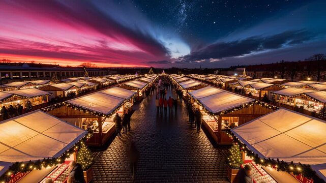 Christmas market stalls line a wet cobblestone promenade at dusk with warm string lights and crowds, dramatic twilight and starry sky above provide ample empty space for text or branding in the upper 