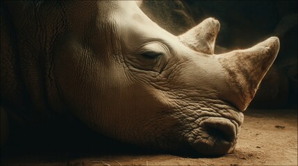 Close-up of a rhinoceros head, showcasing horn, wrinkled skin, and deep eye shadows