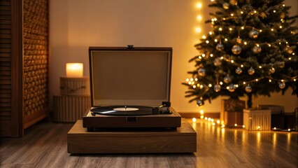 Cozy room with a record player and a decorated Christmas tree.