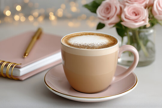 Coffee cup with frothy latte art sits on a saucer beside a pink notebook and a bouquet of roses, creating a cozy and inviting atmosphere for relaxation and inspiration
