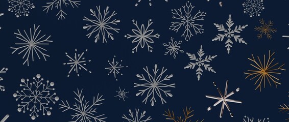 Decorative seamless pattern of snowflakes in silver and gold on a dark blue background perfect for winter holi