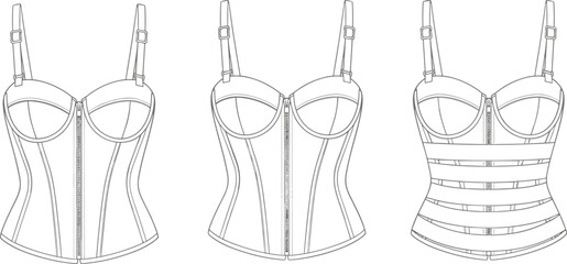Elegant corset fashion illustration showcasing structured lingerie design details, front zipper closure, contour paneling, and strap variations in refined vector style.