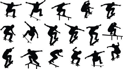Skateboarding Tricks Silhouette Vector Set, Dynamic Skater Jumping and Grinding Icons: Urban Action Sports, Street Skating, and Extreme Boarding Collection
